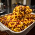 A spoonful of Bacon Cheeseburger Casserole being lifted, showing cheesy noodles, ground beef, and bacon.