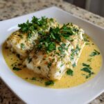 Two fillets of Baked Cod in Coconut Lemon sauce, garnished with fresh parsley, served on a white plate.