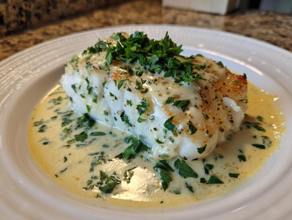 A serving of Baked Cod in Coconut Lemon sauce, garnished with fresh parsley on a white plate.