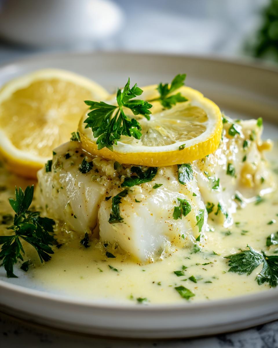 Delicious Baked Cod in Coconut Lemon sauce, garnished with lemon slices and fresh parsley.