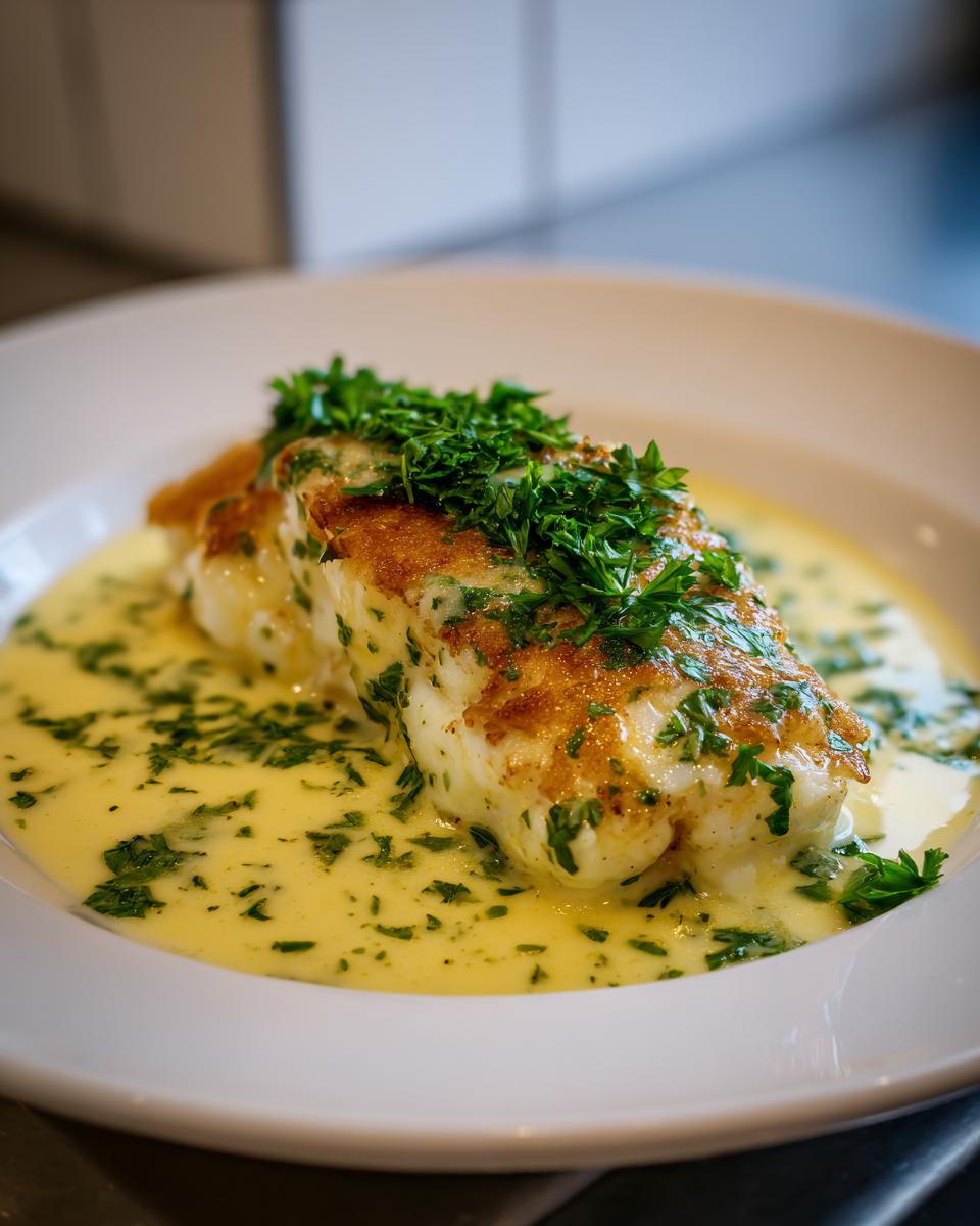 A serving of Baked Cod in Coconut Lemon sauce, garnished with fresh parsley, on a white plate.