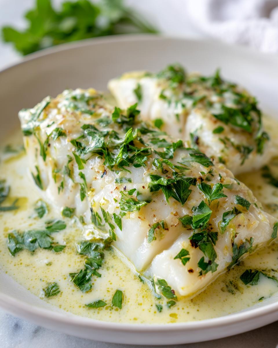 Two fillets of Baked Cod in Coconut Lemon sauce, garnished with fresh parsley on a white plate.