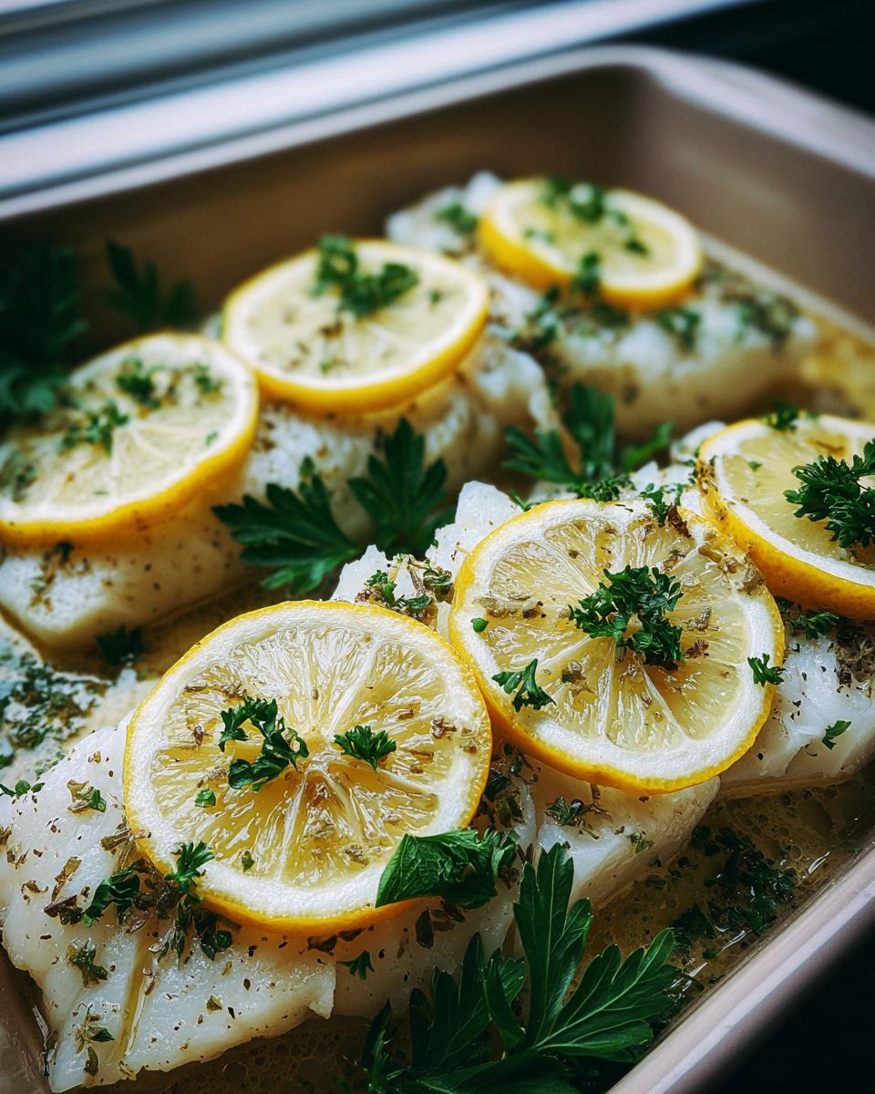 Close-up of Baked Cod with Lemon slices, garnished with fresh parsley and herbs in a baking dish.