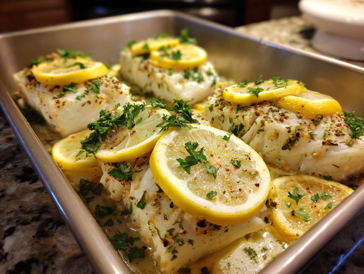 Baking pan filled with Baked Cod with Lemon, garnished with parsley. Ready to serve.
