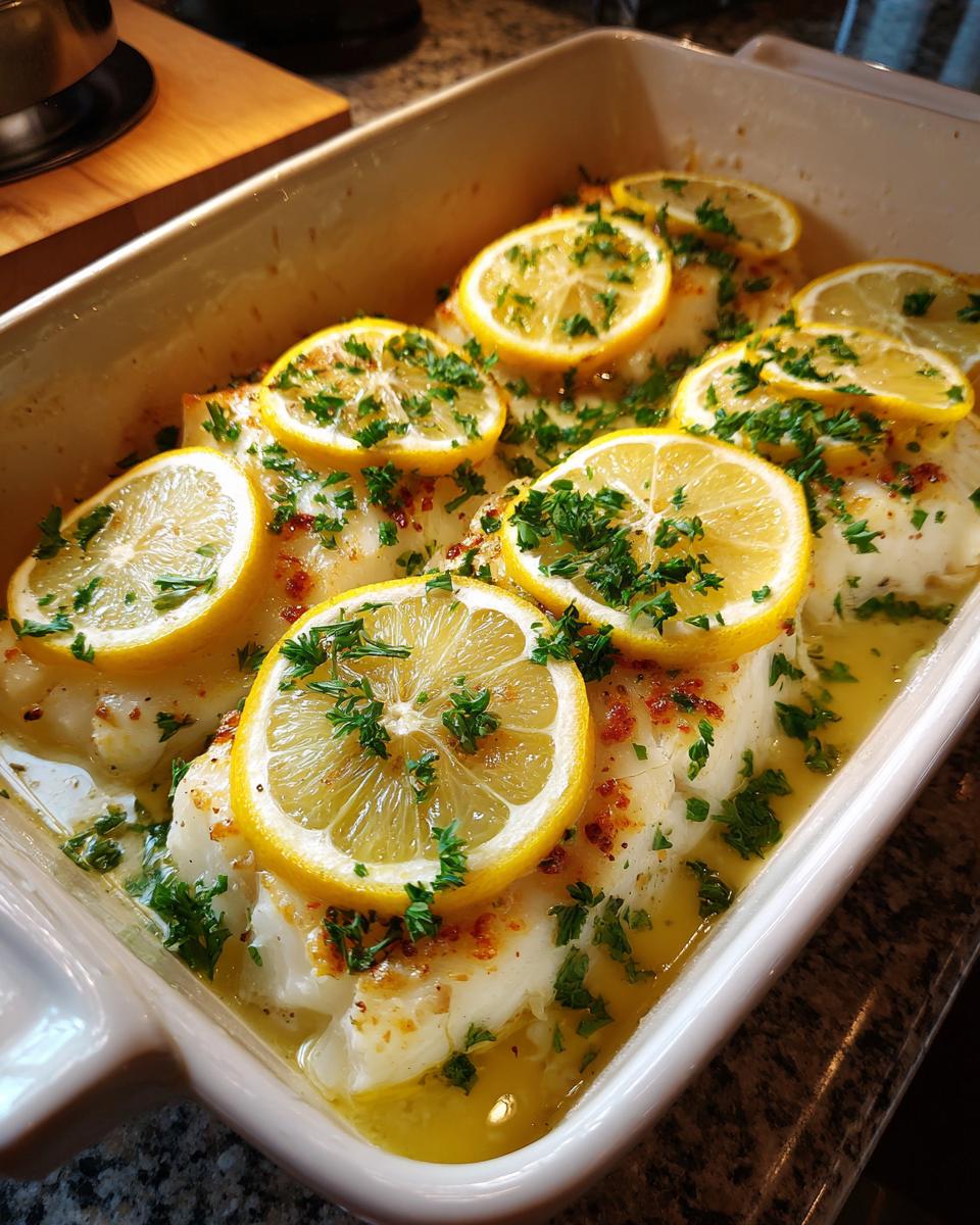 Baking dish of Baked Cod with Lemon slices and fresh parsley, ready to serve.