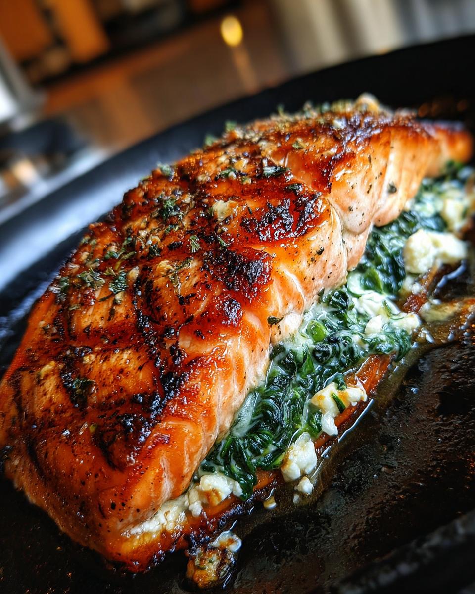 Close-up of Baked Stuffed Salmon With Spinach & Feta on a black plate, showcasing the golden-brown salmon and creamy filling.