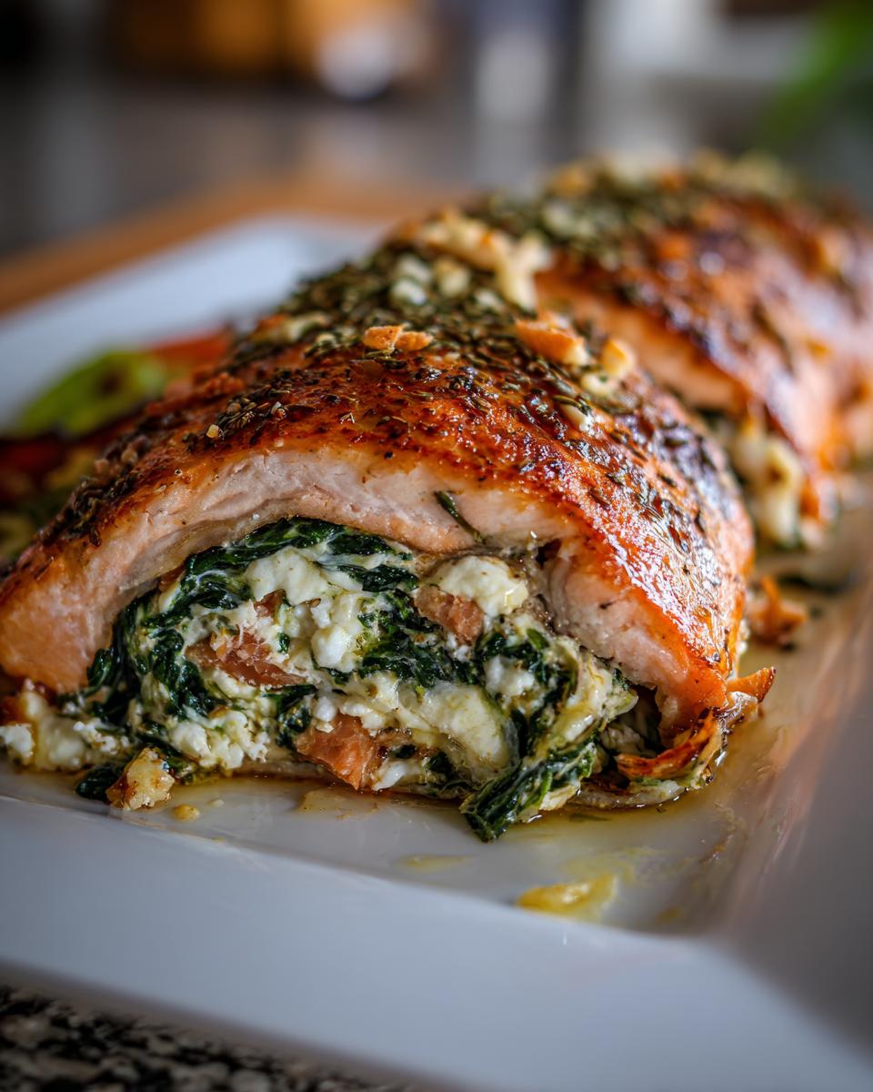 Close-up of Baked Stuffed Salmon With Spinach & Feta on a white plate, showing the filling.