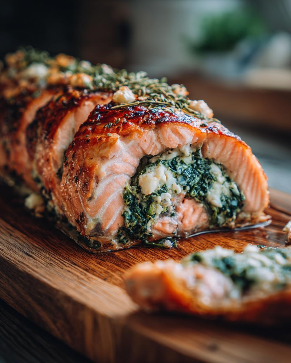 Close-up of sliced Baked Stuffed Salmon with Spinach & Feta filling, garnished with herbs on a wooden board.