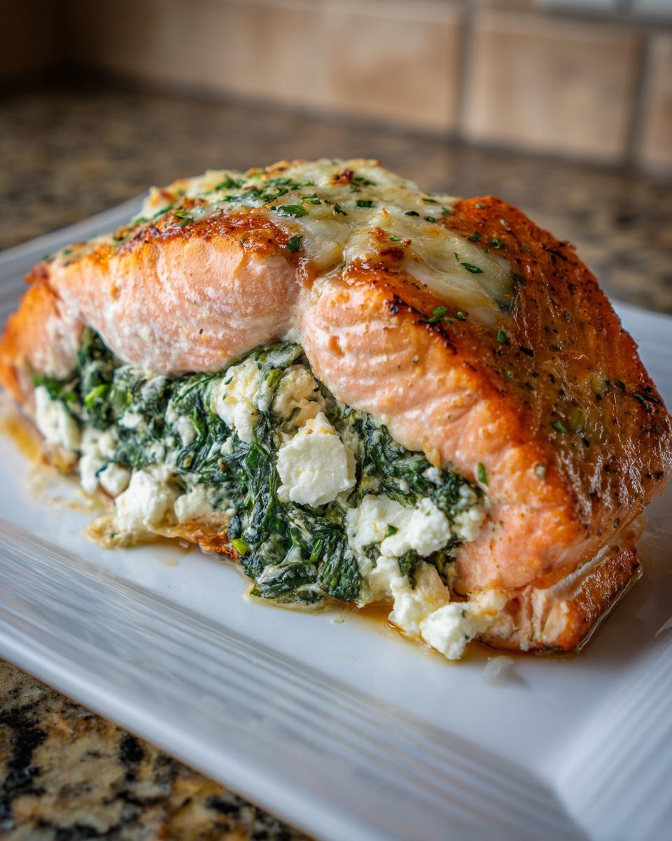Close-up of Baked Stuffed Salmon With Spinach & Feta on a white plate, showing the filling and golden-brown salmon.