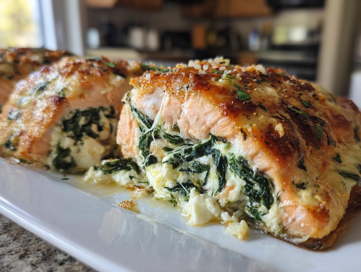 Close-up of Baked Stuffed Salmon With Spinach & Feta, showcasing the filling and golden-brown crust.