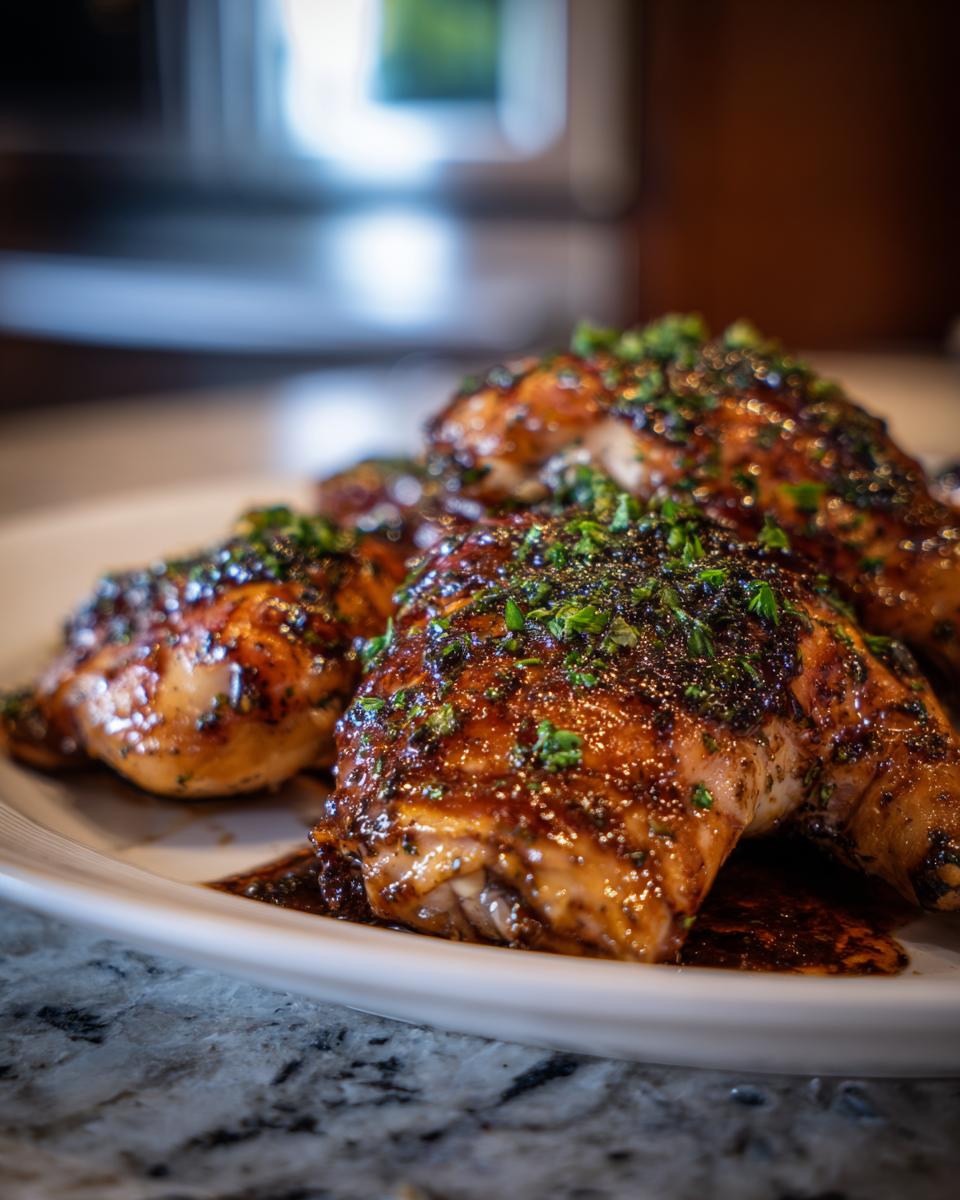 Close-up of Balsamic Baked Chicken Breast on a white plate, garnished with fresh herbs.