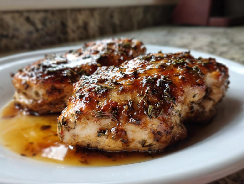 Close-up of juicy Balsamic Baked Chicken Breast on a white plate with a balsamic glaze and herb garnish.