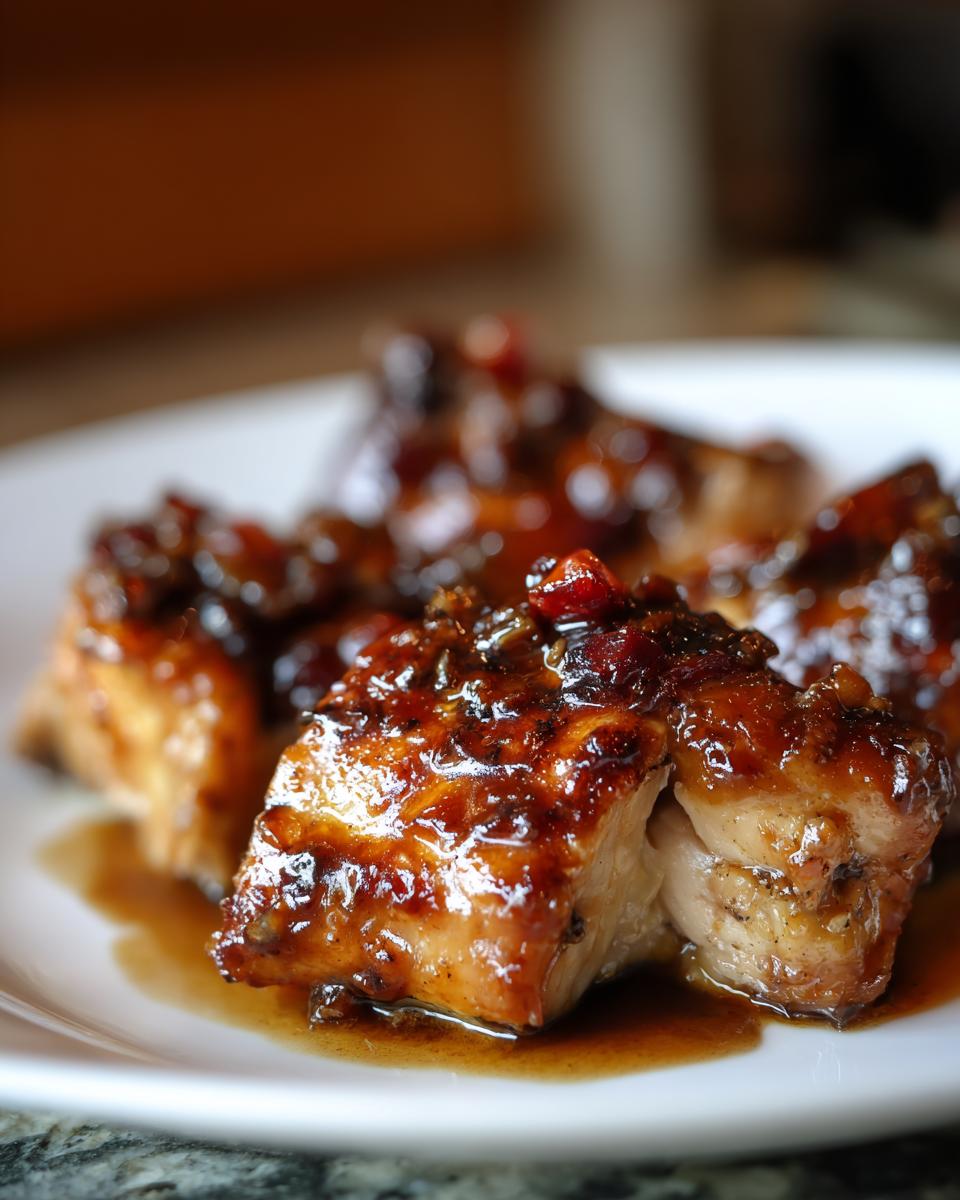 Close-up of glazed Balsamic Baked Chicken Breast pieces on a white plate.