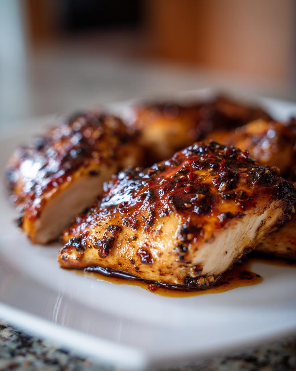 Close-up of juicy Balsamic Baked Chicken Breast pieces on a white plate, drizzled with balsamic glaze.
