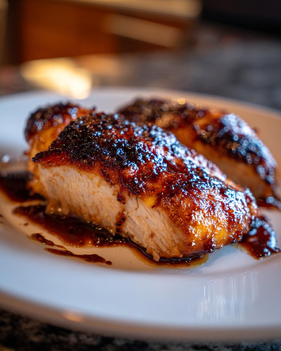 Close-up of a sliced Balsamic Baked Chicken Breast on a white plate, showing the juicy interior and balsamic glaze.
