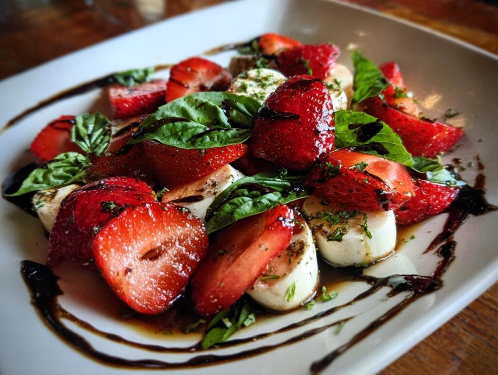 Close-up of Balsamic Strawberry Caprese salad with fresh strawberries, mozzarella, basil, and balsamic glaze.
