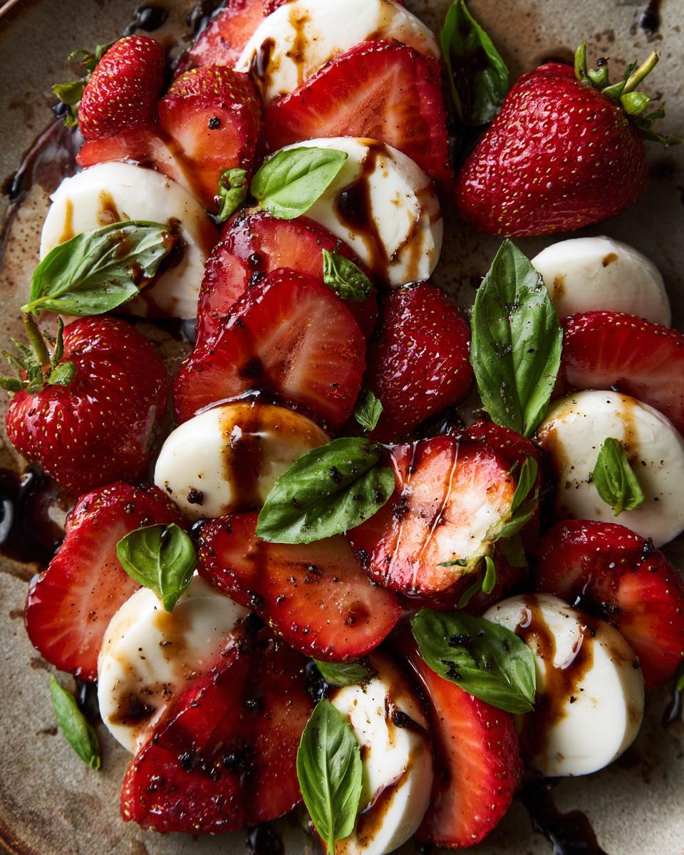 Overhead view of Balsamic Strawberry Caprese salad with fresh strawberries, mozzarella, basil, and balsamic glaze.