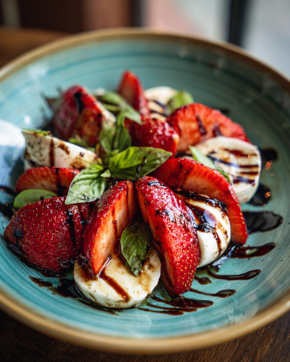 Close-up of a Balsamic Strawberry Caprese salad with fresh strawberries, mozzarella, basil, and balsamic glaze.