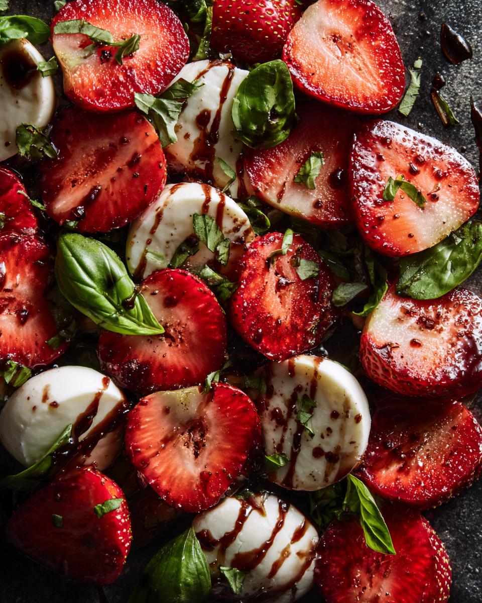 Overhead view of Balsamic Strawberry Caprese salad with fresh strawberries, mozzarella, basil, and balsamic glaze.