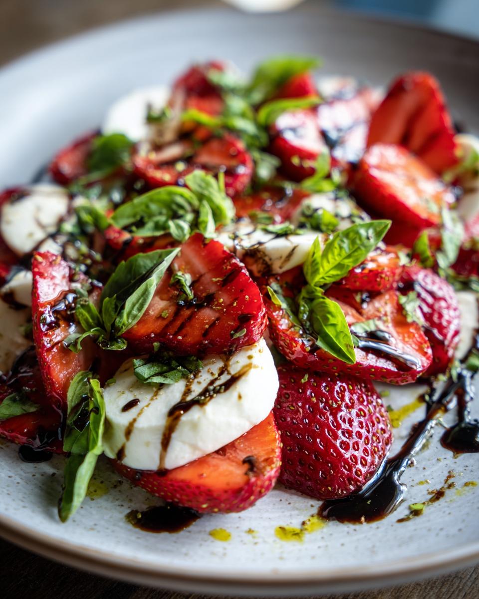 Close-up of Balsamic Strawberry Caprese salad with strawberries, mozzarella, basil, and balsamic glaze.