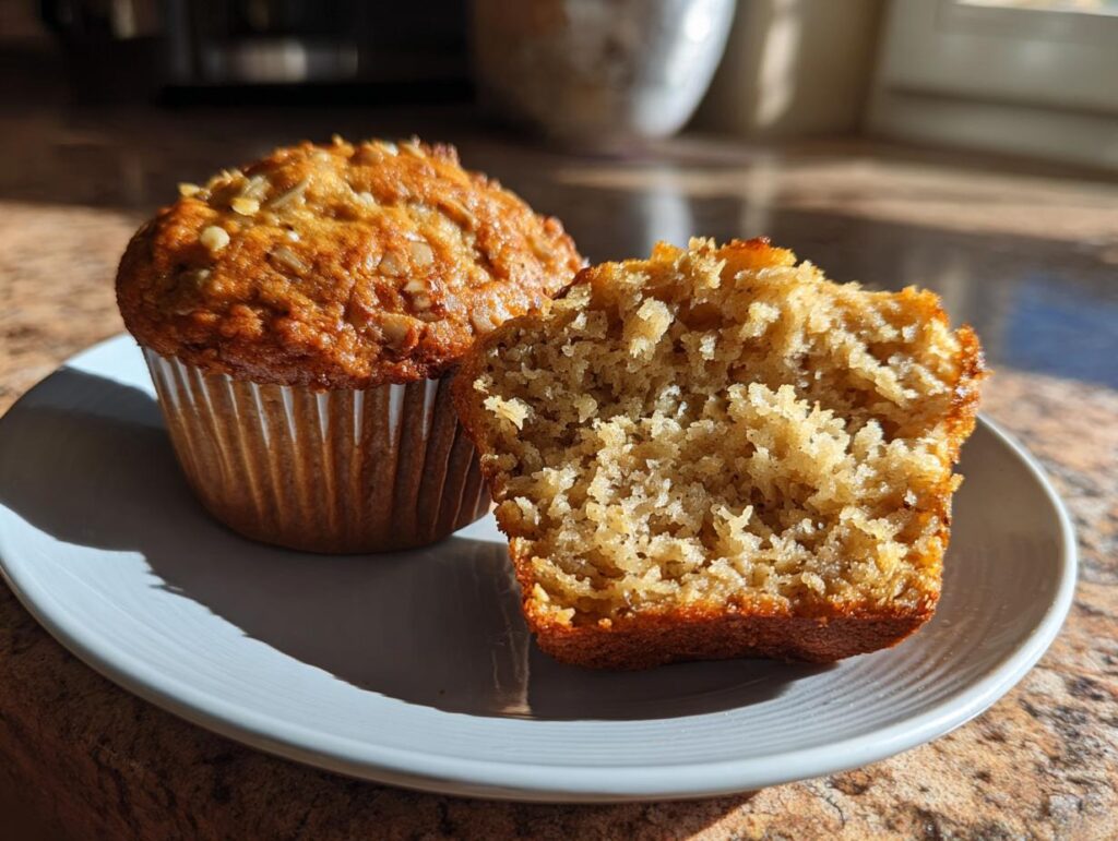 Two banana oatmeal muffins on a plate, one split open to show the texture inside.