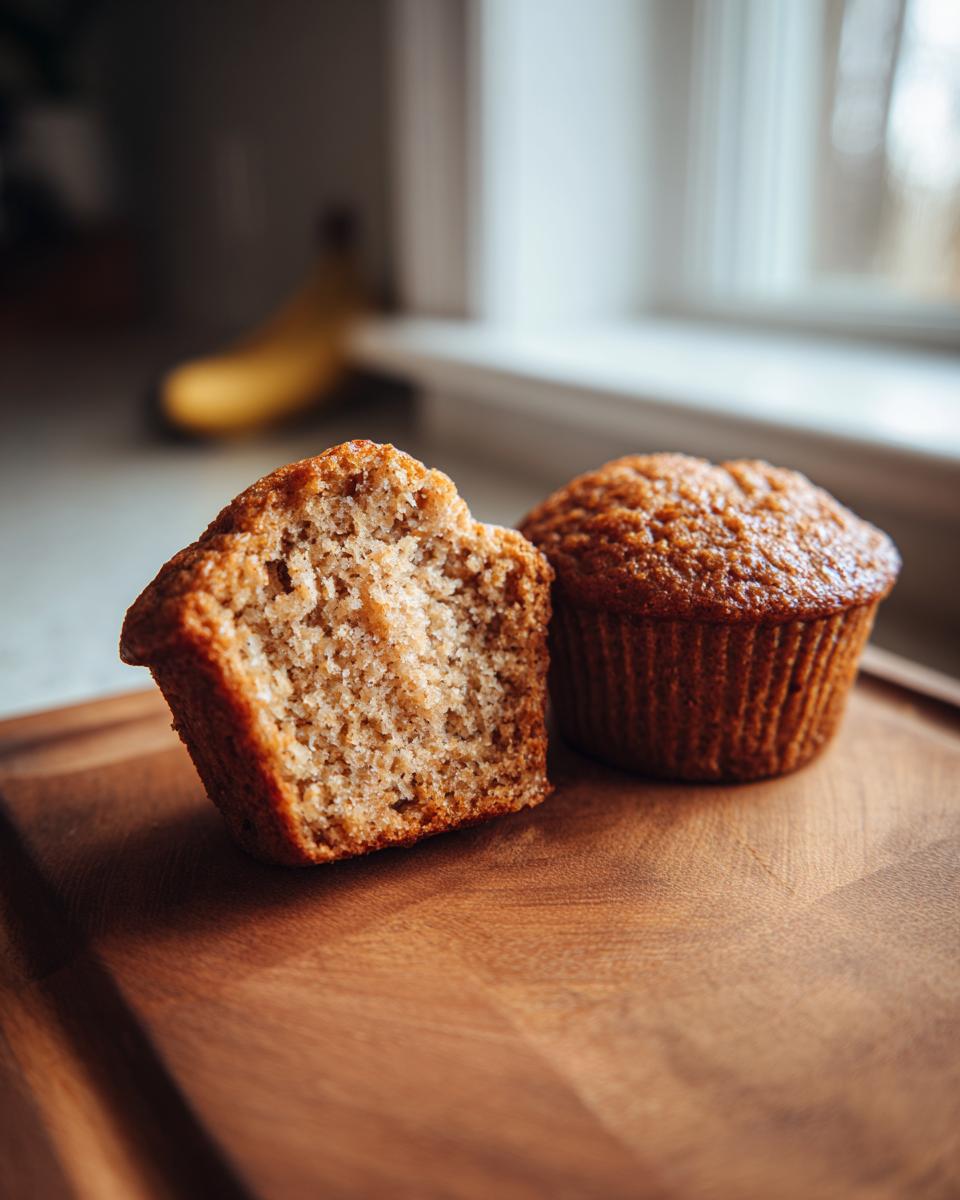 Two Banana Oatmeal Muffins, one halved to show the texture, sitting on a wooden board.