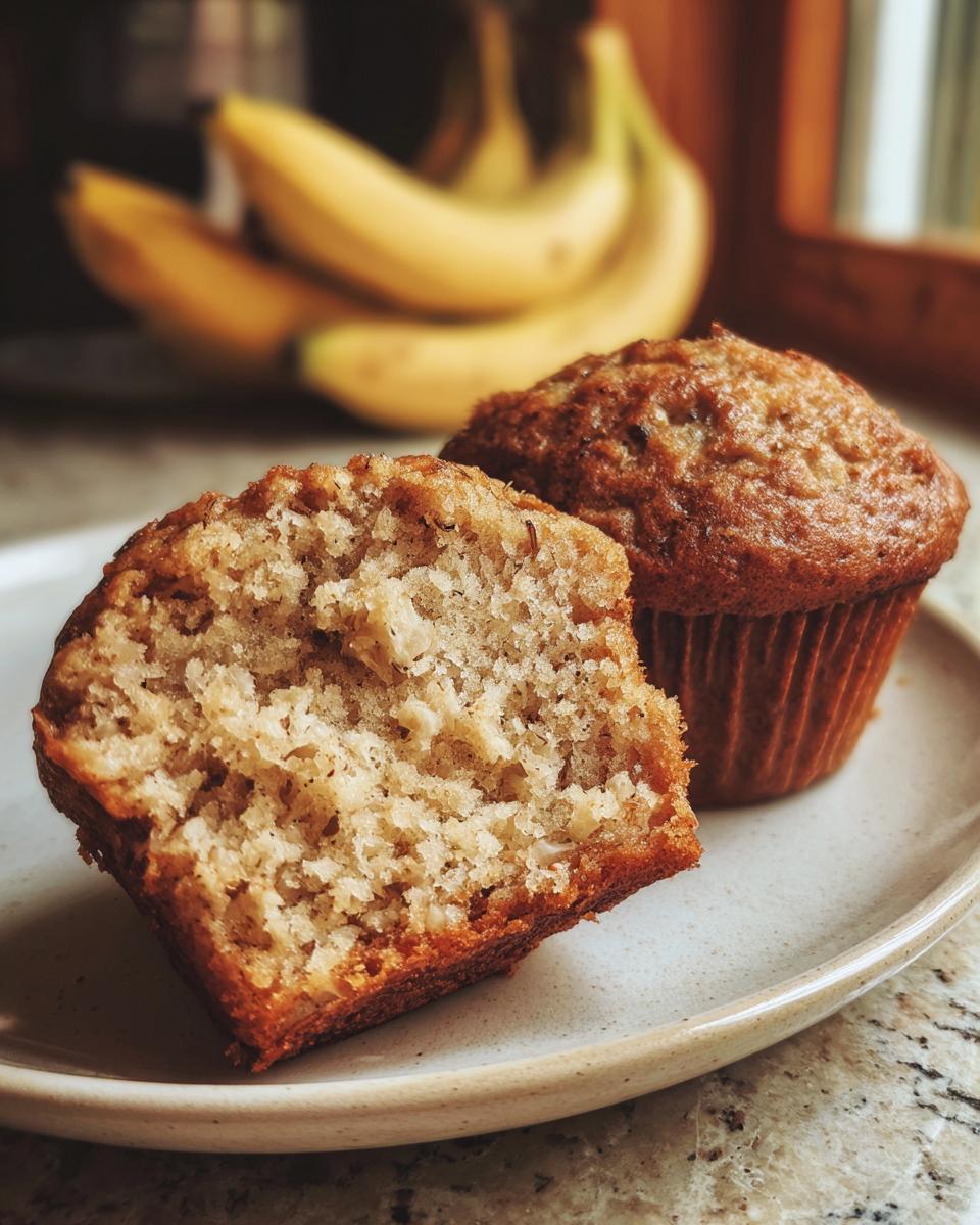 Two Banana Oatmeal Muffins on a plate, one sliced open to show the texture. Bananas are in the background.