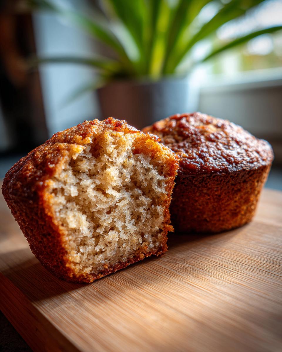 Close-up of banana oatmeal muffins, one cut in half to show the texture. Healthy breakfast or snack.