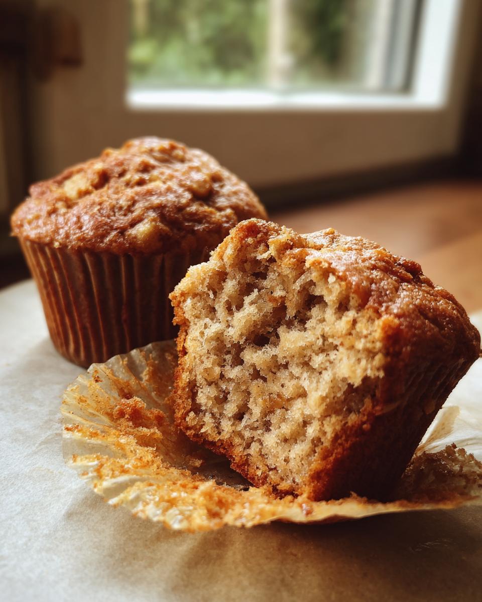 A partially unwrapped Banana Oatmeal Muffin with a bite taken out, revealing its moist interior.