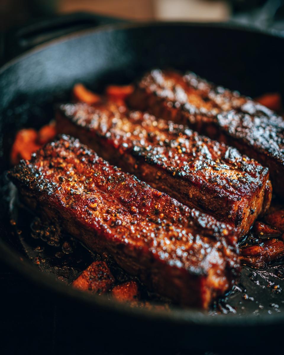 Three pieces of BBQ Chicken Sweet Potato cooking in a cast iron pan, glazed and seasoned.