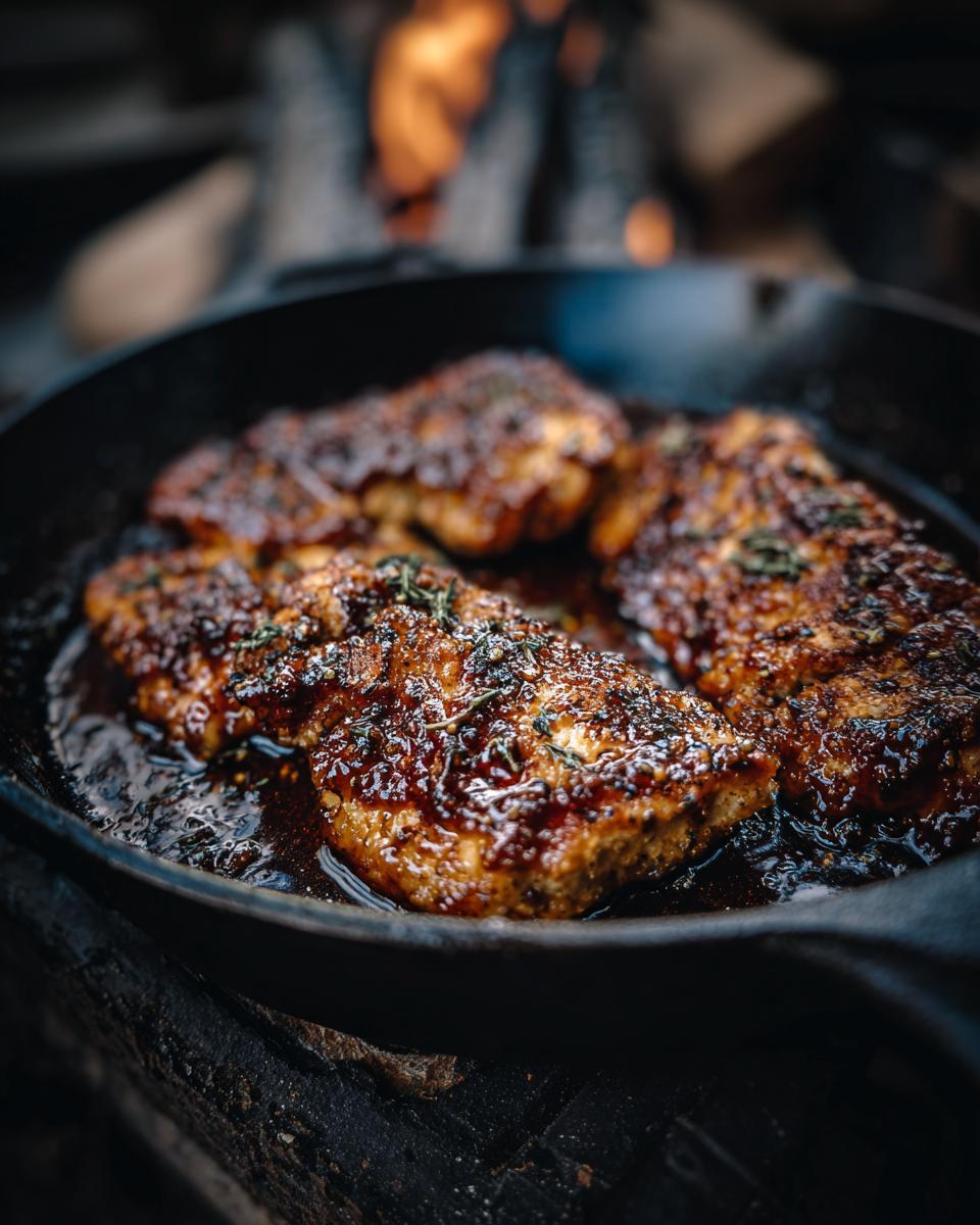 Close up of BBQ Chicken Sweet Potato cooking in a cast iron pan over an open fire.