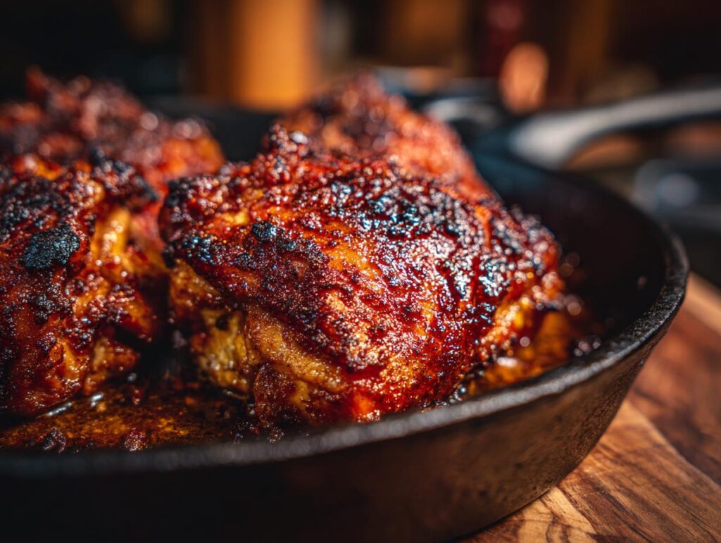 Close-up of BBQ Chicken Sweet Potato in a cast iron pan, showing the caramelized BBQ sauce.