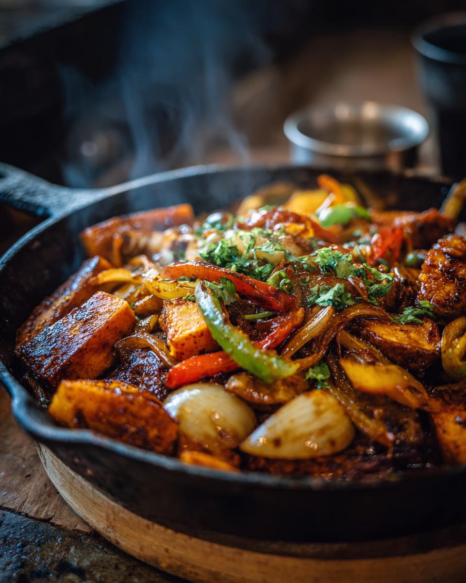 Close-up of a skillet with BBQ Chicken Sweet Potato, peppers, onions, and herbs.