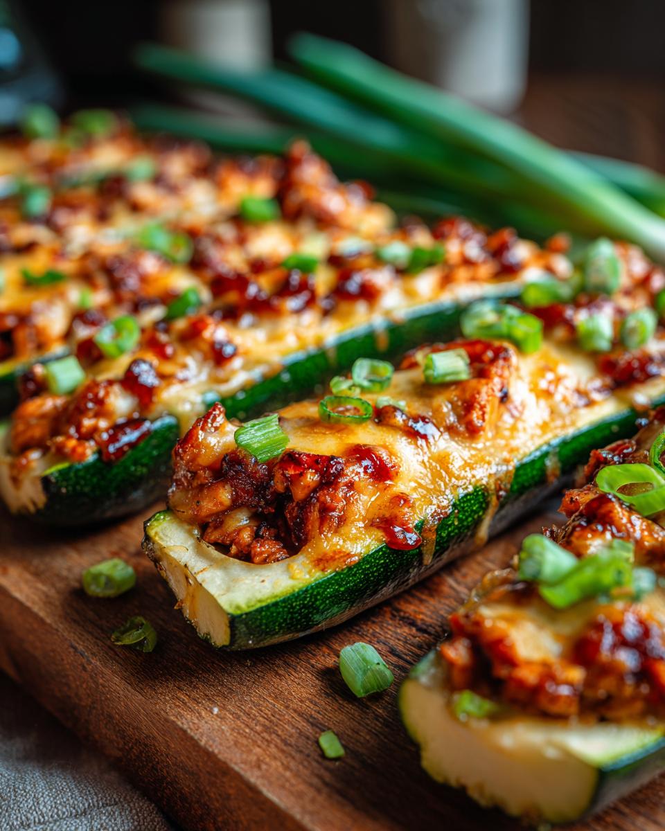 Close-up of BBQ Chicken Zucchini Boats on a wooden board, topped with melted cheese and green onions.