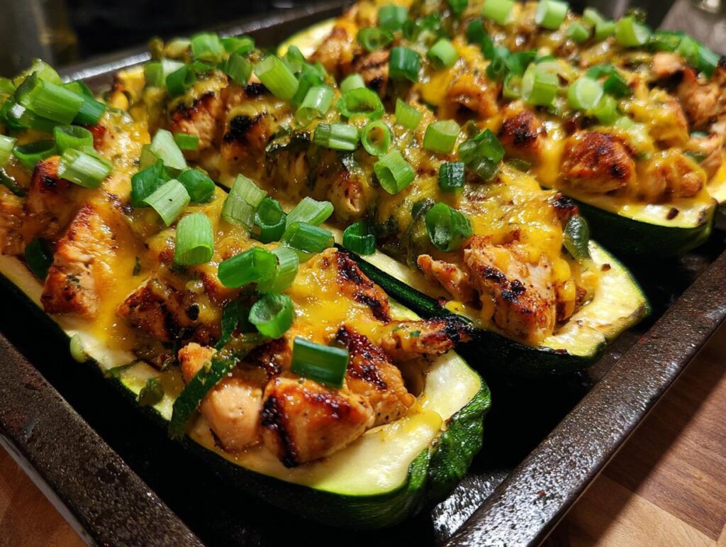 Close up of BBQ Chicken Zucchini Boats topped with melted cheese and green onions.