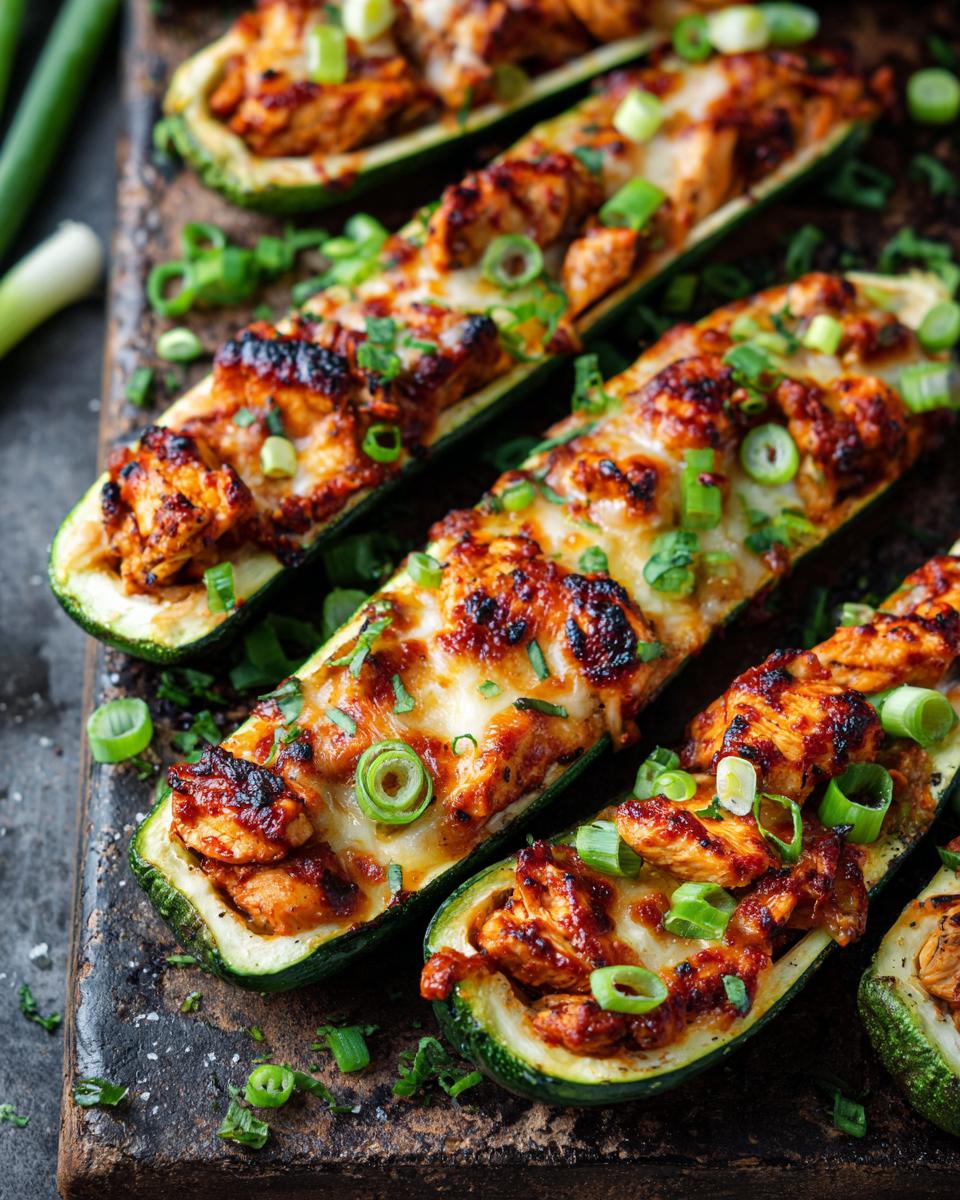 Close-up of BBQ Chicken Zucchini Boats topped with melted cheese and green onions.