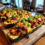 Close-up of BBQ Chicken Zucchini Boats topped with melted cheese and green onions on a wooden serving board.