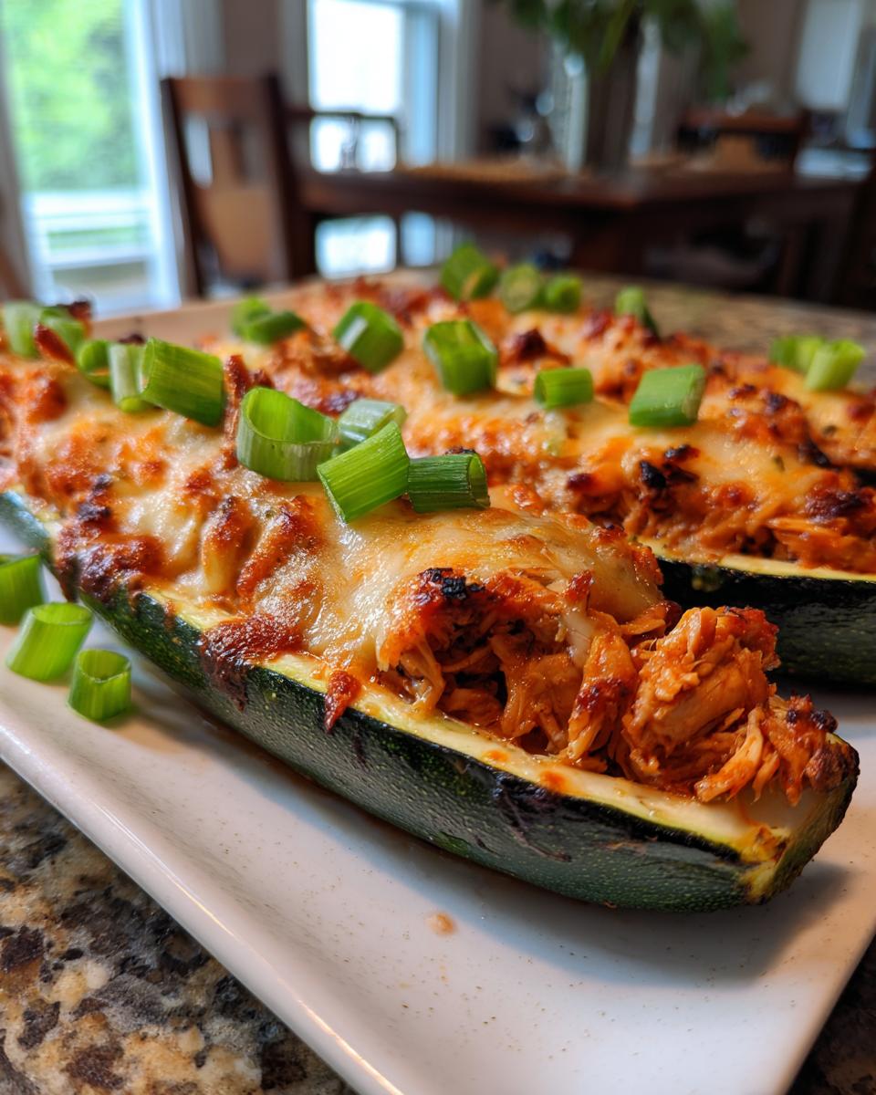Two BBQ Chicken Zucchini Boats topped with melted cheese and green onions on a white plate.