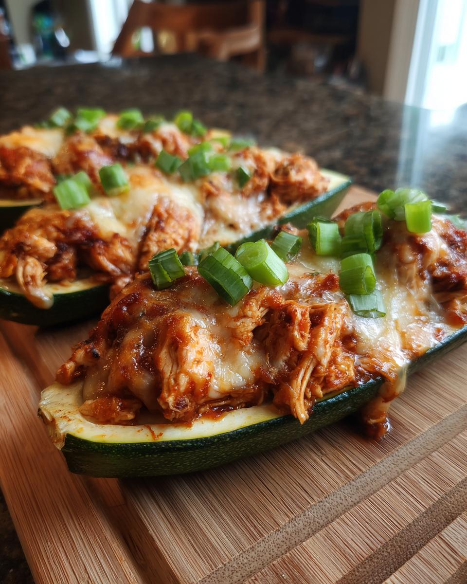Close-up of BBQ Chicken Zucchini Boats topped with cheese and green onions on a wooden cutting board.