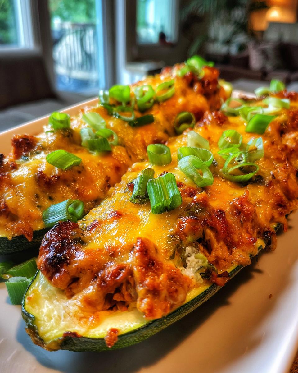 Two BBQ Chicken Zucchini Boats topped with melted cheese and fresh scallions on a white plate.
