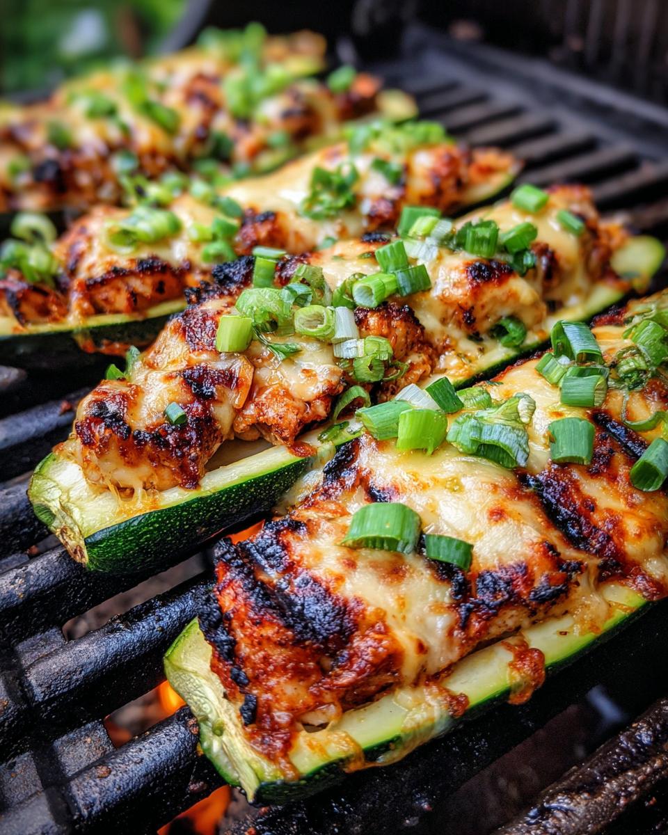 Close-up of BBQ Chicken Zucchini Boats on the grill, topped with melted cheese and green onions.