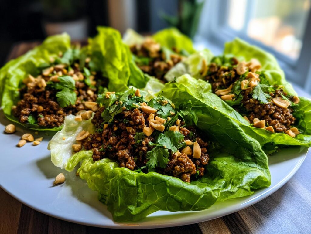 A plate of fresh Beef Lettuce Wraps topped with peanuts and cilantro.