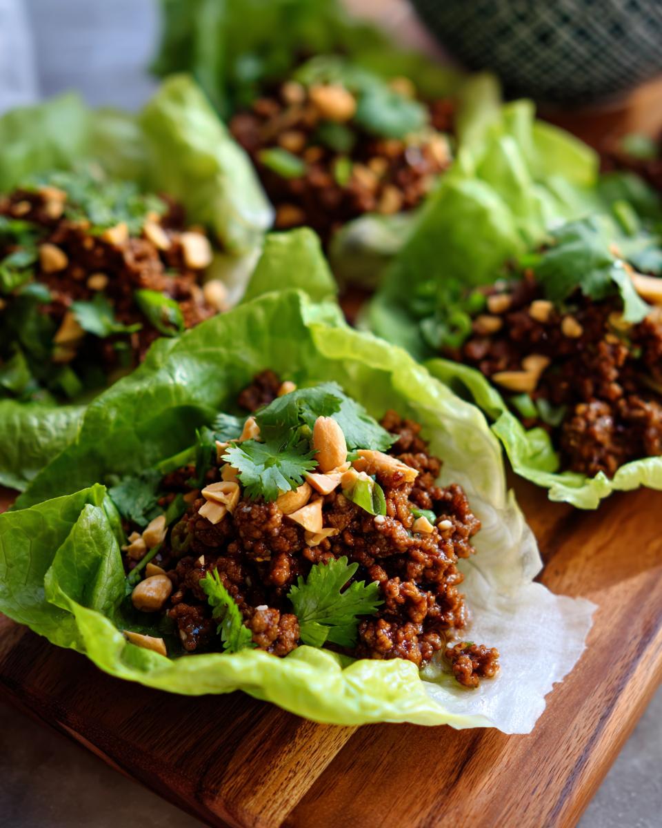 Close-up of Beef Lettuce Wraps topped with peanuts and cilantro on a wooden board.