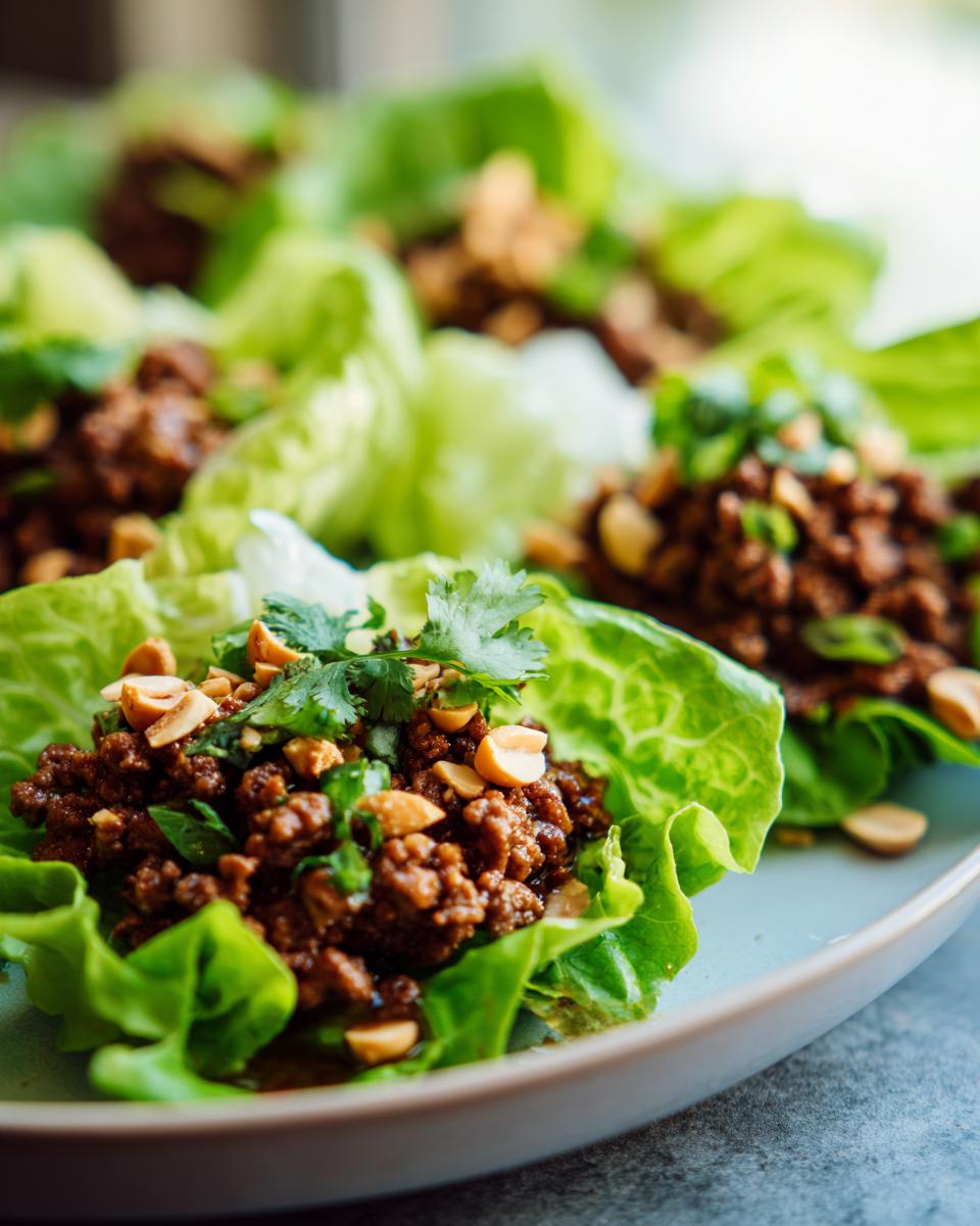 Close-up of Beef Lettuce Wraps topped with peanuts and cilantro on a plate.