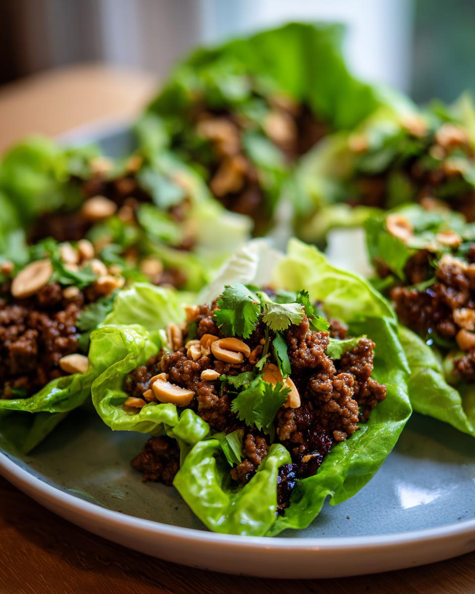 A plate of fresh Beef Lettuce Wraps topped with peanuts and cilantro.