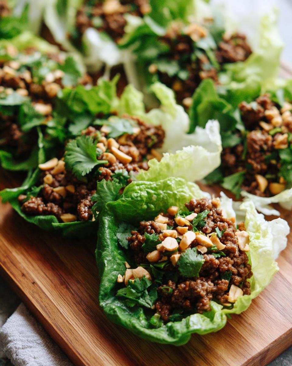 Several beef lettuce wraps filled with seasoned ground beef, peanuts, and cilantro on a wooden board.