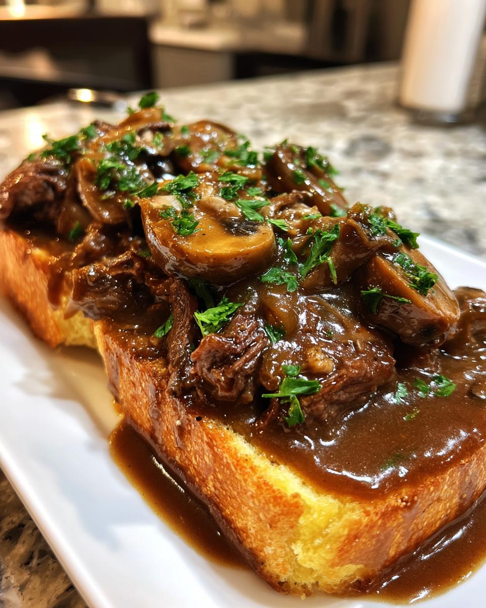 Close-up of Best Beef Manhattan featuring tender beef and mushrooms in gravy, served on toasted bread and garnished with parsley.