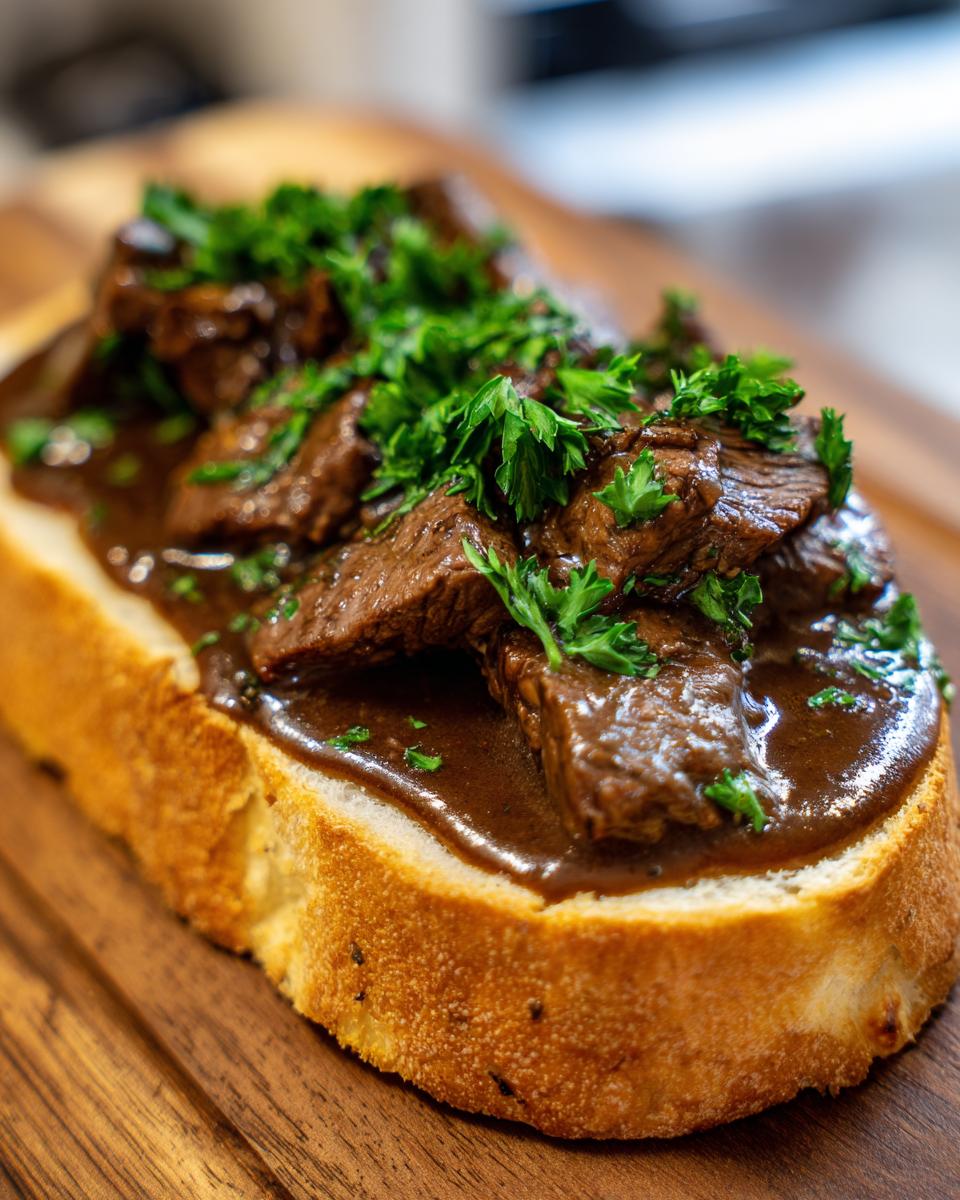 Close-up of Best Beef Manhattan, featuring sliced beef and gravy on toasted bread, garnished with parsley.