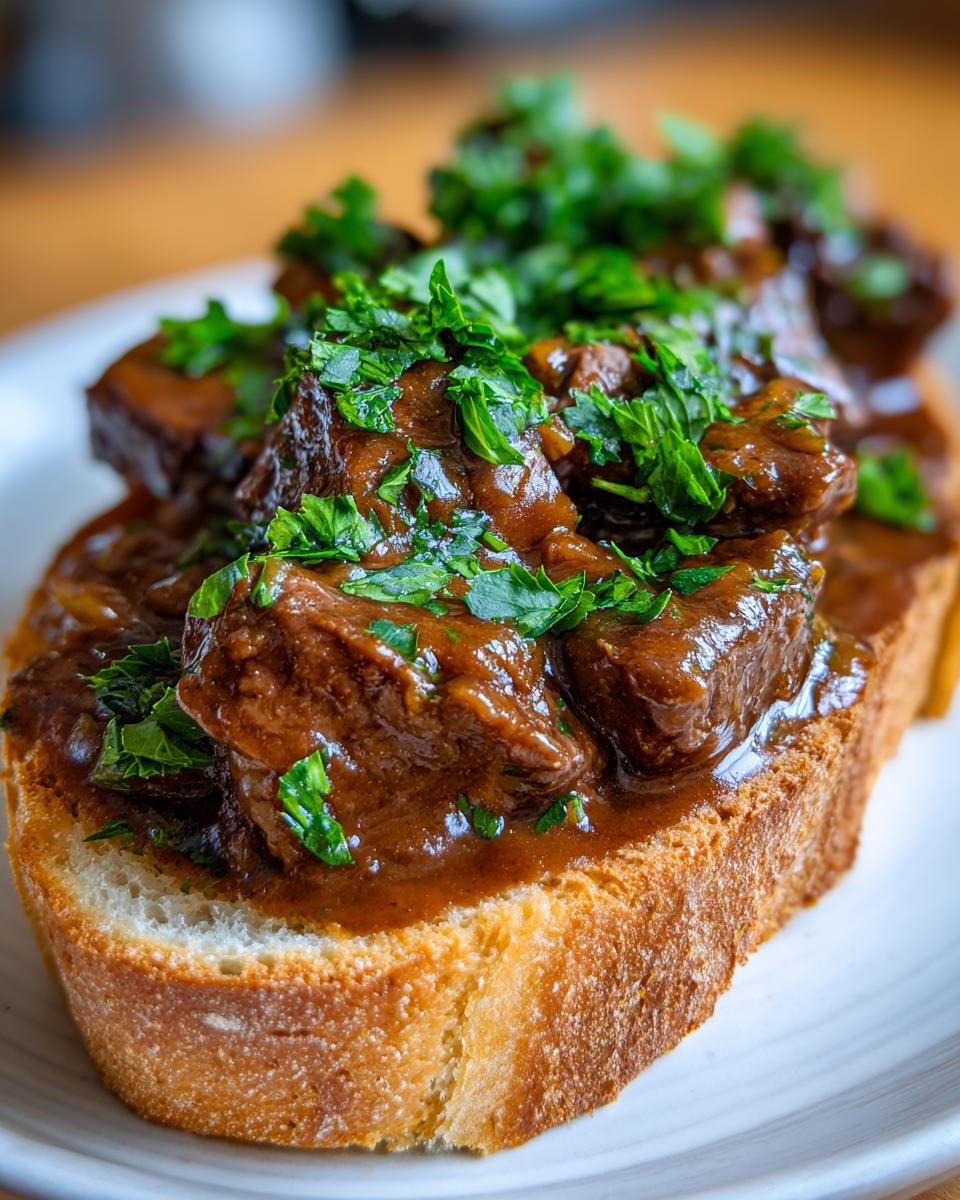 Close-up of Best Beef Manhattan served open-faced on toasted bread, garnished with fresh parsley.