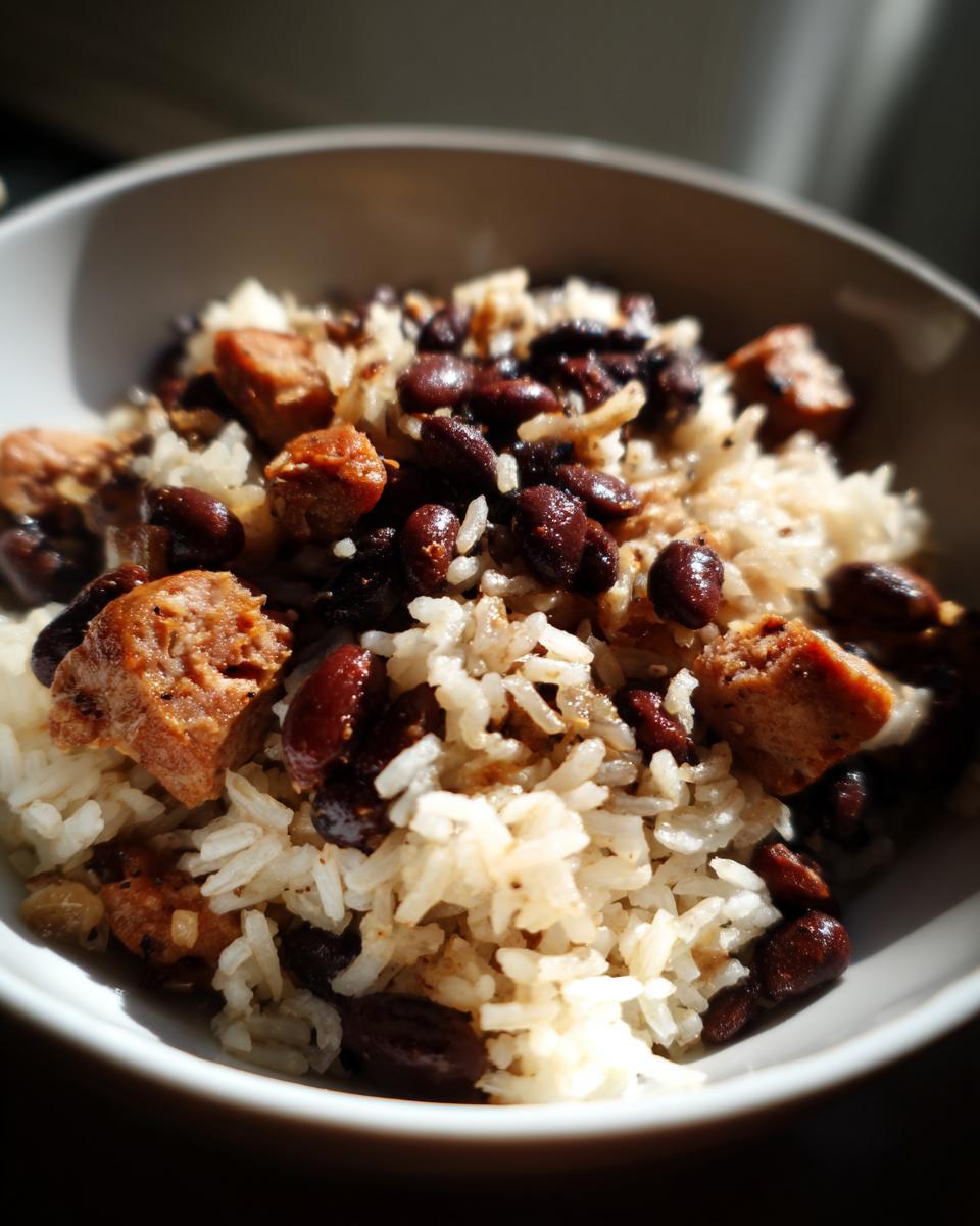 A bowl of Black Beans and Rice Sausage, featuring sausage, rice, and black beans.